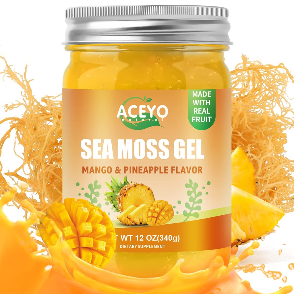 ACEYO (12 OZ) Irish Sea Moss Gel Raw Vegan Mango Pineapple Flavor 102 Vitaminas y Minerales Wild Harvested Non-GMO Immune Defense Booster Thyroid Digestive Support