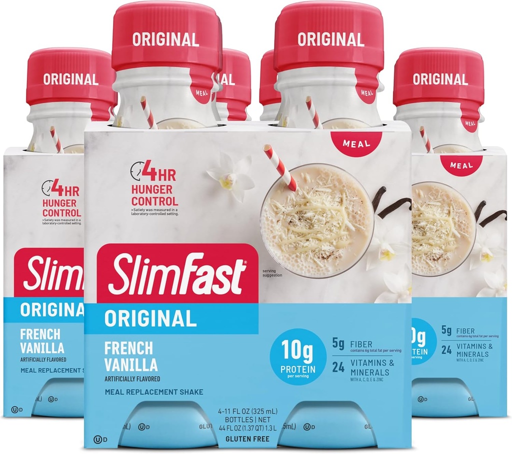 SlimFast Meal Replacement Shake, Original Vainilla francesa, 10g de List to Drink Protein, 11 Fl. Oz Bottle, 4 Cuenta (Pack of 3) (Packaging May Vary)