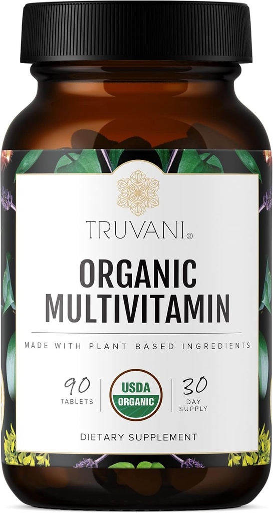 Truvani Suplemento Multivitamina Orgánica diaria - Vegan, No GMO Tablas con Iron &amp; Biotin - Dairy, Soy, & Gluten Free - 30 Day Supply (90 Tablets)