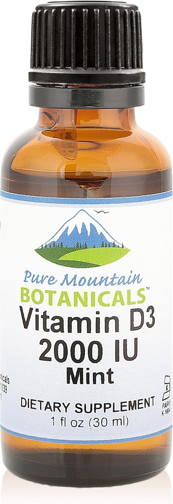 Botánicos de Montaña Pura Las gotas de vitamina D saboreado – Mint Flavored Vitamina Líquida D3-2000iu por Serving - 1oz Botella