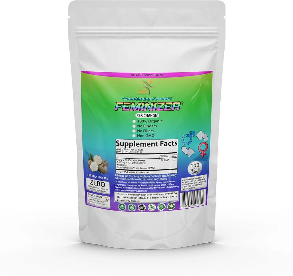 Feminizer Sex Change Pills by SMS, 100 Veggie Caps Pueraria Mirifica For Estrogen 1,000mg Pure 10:1 Root Extract Powder - Kwao Krua Kao - Premium Grade, Organic for Women, Transgender, Ladyboy, LGBT