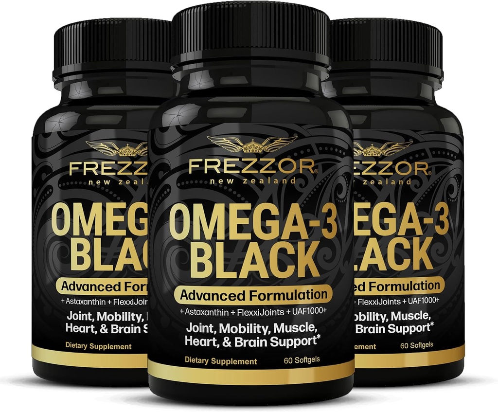 FREZZOR Omega 3 Black for Joint Care & Comfort - New Zealand Green Lipped Mussel Oil Capsules; 53x Higher Potency with UAF1000+ Super Antioxidant, No Fishy Aftertaste, 60 Count (Pack of 3)