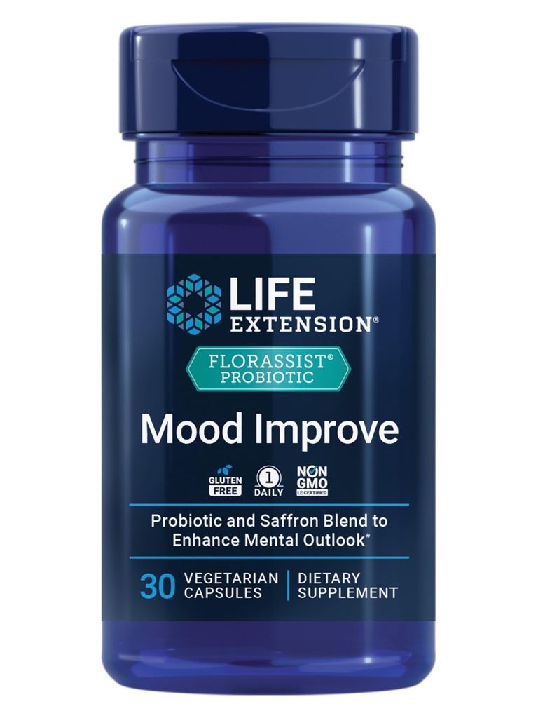 Ampliación de vida FLORASSIST® Mood Probiótico Mejorar, probiótico y Saffron Blend mejora Mood and Mental Outlook, Non-GMO, Gluten-Free, 1 Daily, Vegetarian, 30 cápsulas