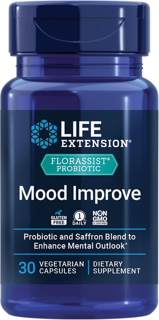 Ampliación de vida FLORASSIST® Mood Probiótico Mejorar, probiótico y Saffron Blend mejora Mood and Mental Outlook, Non-GMO, Gluten-Free, 1 Daily, Vegetarian, 30 cápsulas