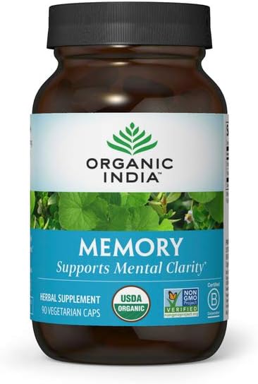 ORGANIC INDIA Memory Herbal Supplement - Brain Supplement for Memory and Focus, Bacopa Monnieri ' Gotu Kola Brain Herbal Supplement, Memory Support - USDA Certified Organic, Non-GMO - 90 cápsulas