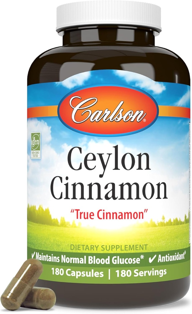 Carlson - Ceylon Cinnamon, Suplementos de canela, 500 mg, píldoras de extracción de canela, cápsulas de canela de Ceylán, 180 cápsulas