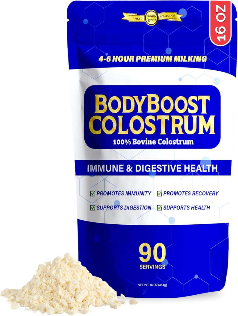 BodyBoost Premium Colostrum Whole, 100% Bovine Colostrum Powder, Immune Booster Suplemento con Inmunoglobulina &amp; Lactoferrina, Grass Fed Colostrum Powder, Gut Health, Diverse Intake,16 oz