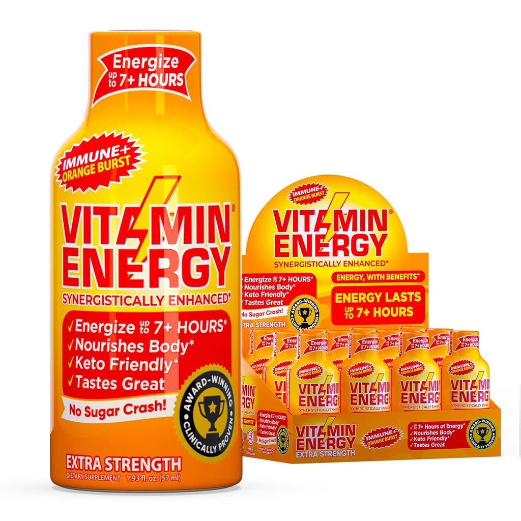 Vitamin Energy Immune+ Extra Strength Energy Shot Orange Burst 12 Pack, 260mg Natural Caffeine, B-Vitamins, Citicoline, Green Tea, Immunity & Focus Support Zero Sugar, Gluten-Free 1.93 fl oz