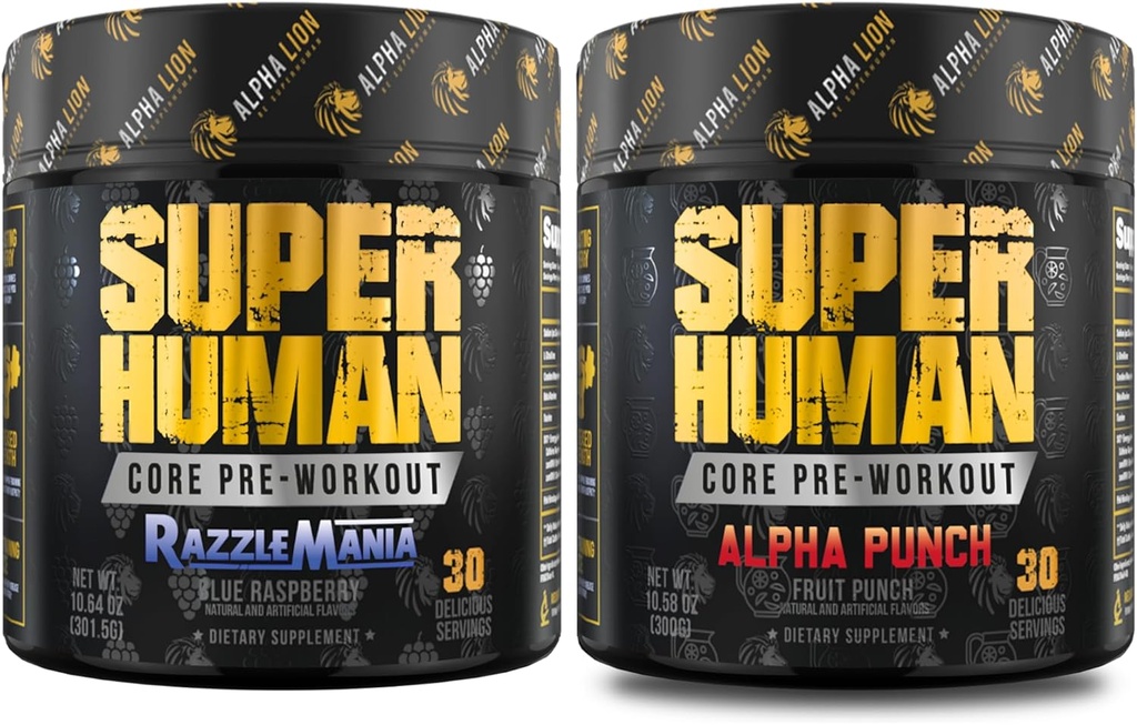 ALPHA LION Core Pre Workout Powder Bundle for Pump " Tri-Source Caffeine for Sustained Energy, Fruit Punch " Blue Raspberry Flavor (30 Servings each)