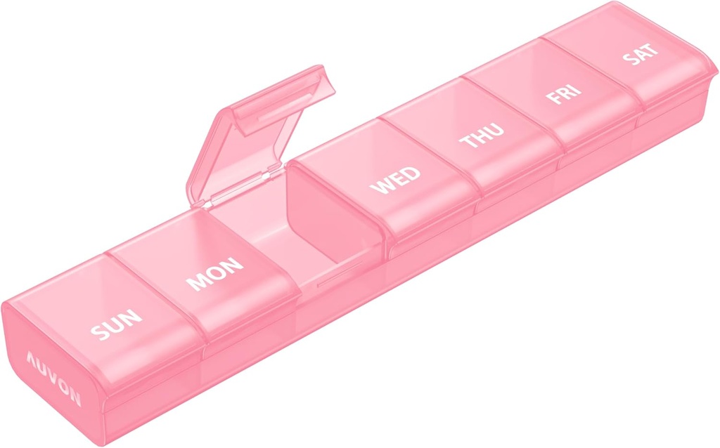 Organizador semanal de píldoras AUVON con diseño de apertura sin esfuerzo, caja de píldora amigable de la artritis, organizador de píldoras libre de BPA 7 días, caja de píldoras portátiles para vitaminas, suplementos y medicamentos