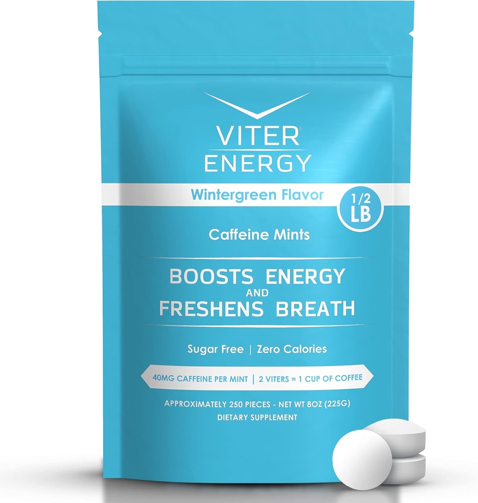 Viter Energy 40mg Caffeine Mints - Sugar Gratis, B Vitaminas, Vegan, Boosts Fast Energized Alert Focus, Caffeinated Nootropic Supplement Pills (Wintergreen Flavor, 8oz, Bulk Bag)