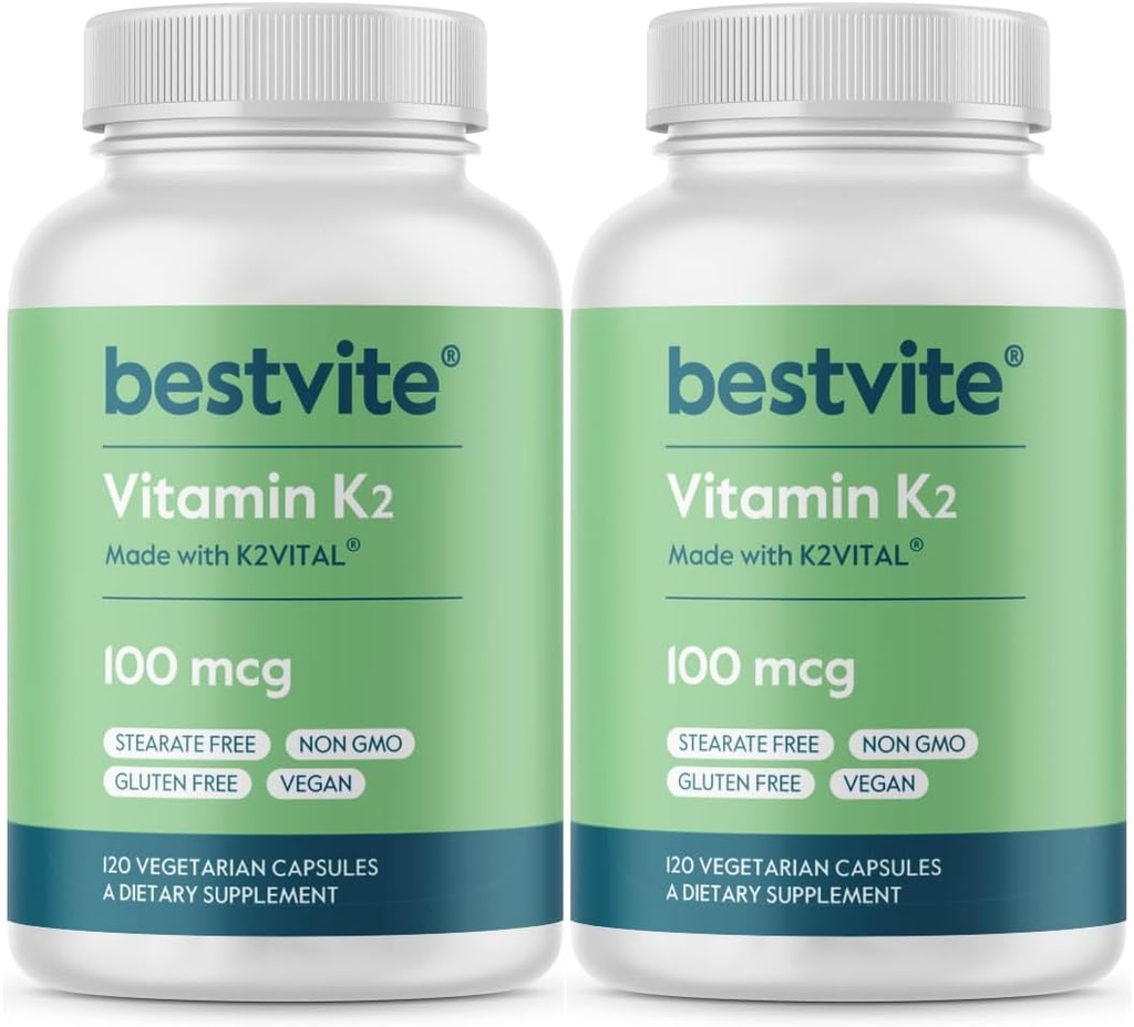 BestVITE Vitamina K2 100 mcg como MK-7 (240 cápsulas vegetarianas)(120x2) - No Stearates - Vegan - No GMO - Gluten Gratis