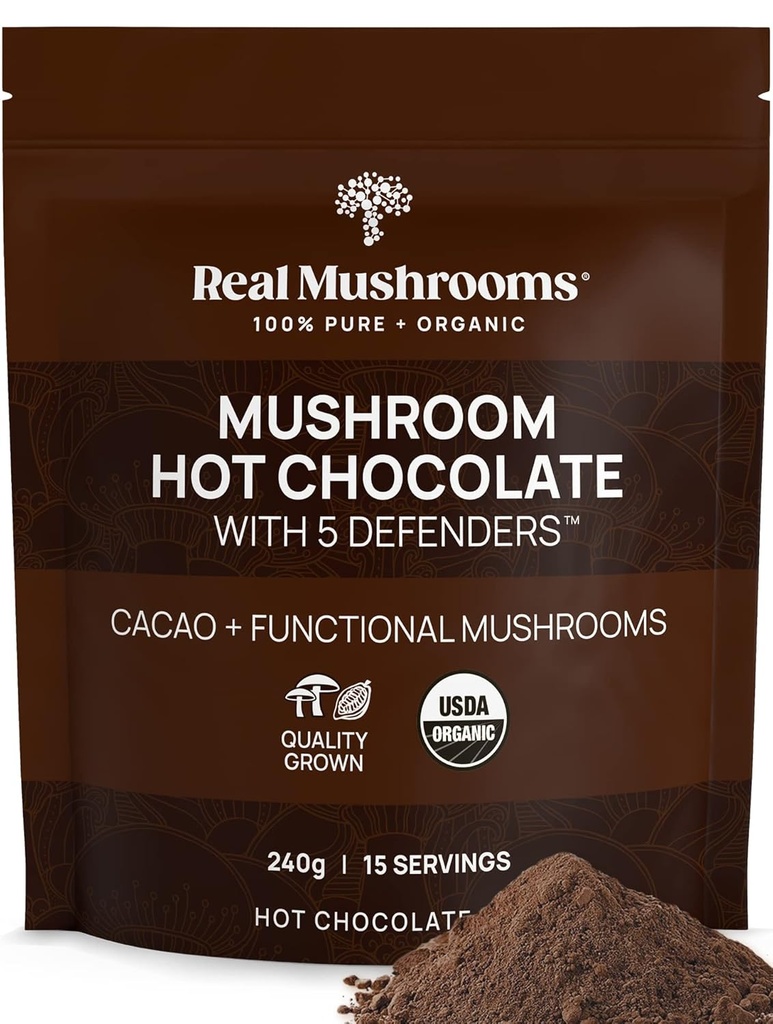 Reales Mushrooms Mezcla orgánica de chocolate con Reishi, Turquía Tail, Chaga, Shiitake, Maitake – Cacao Powder Organic Mushroom – 5 Defensores Mushroom Cacao Powder, Vegan, Gluten-Free, 15 Servimientos