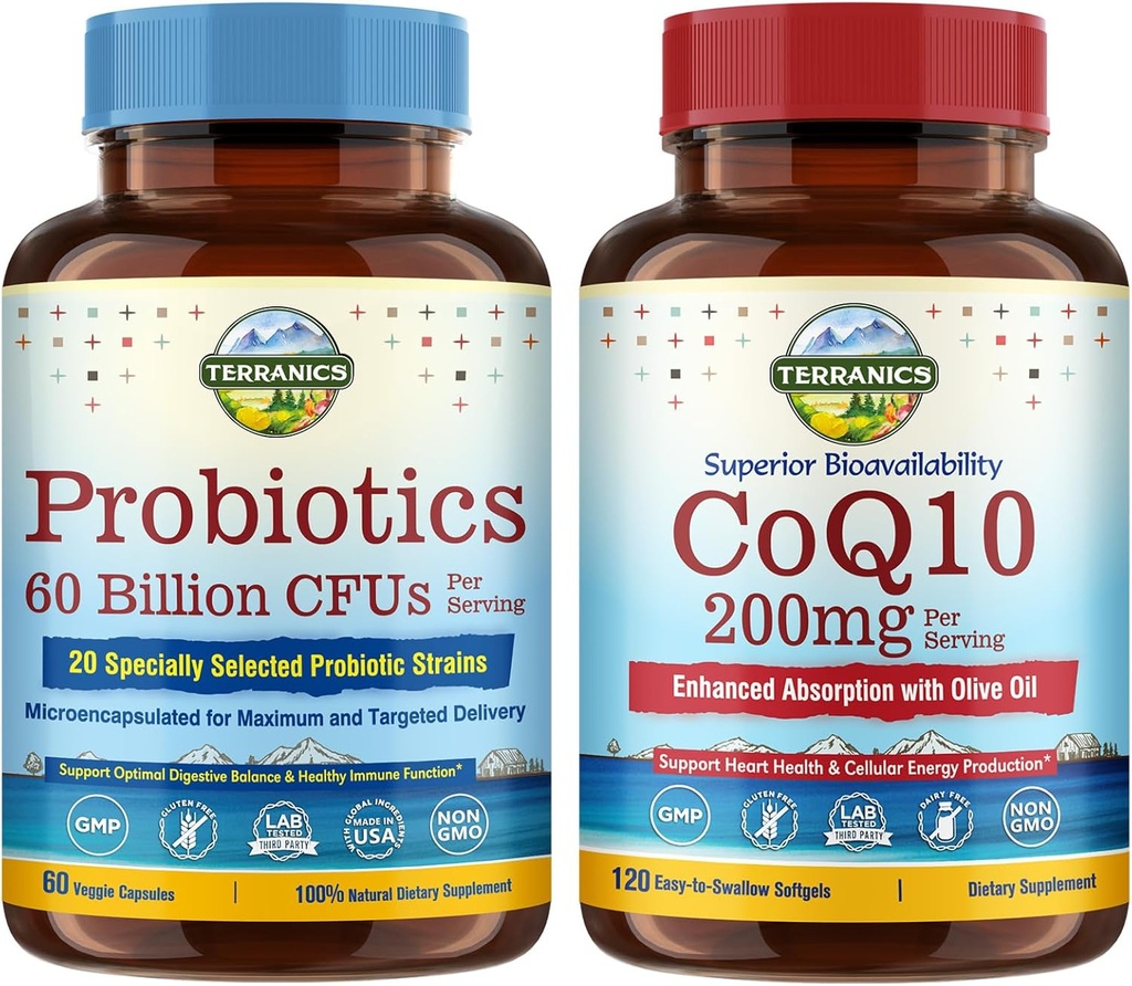 Terranics Probióticos &amp; CoQ10 Bundle, Heart & Digestion Health, 60 Billion Probiotics, Bioactive Coenzyme Q10 200mg, Extra Virgin Olive Oil, Bundle &amp; Save