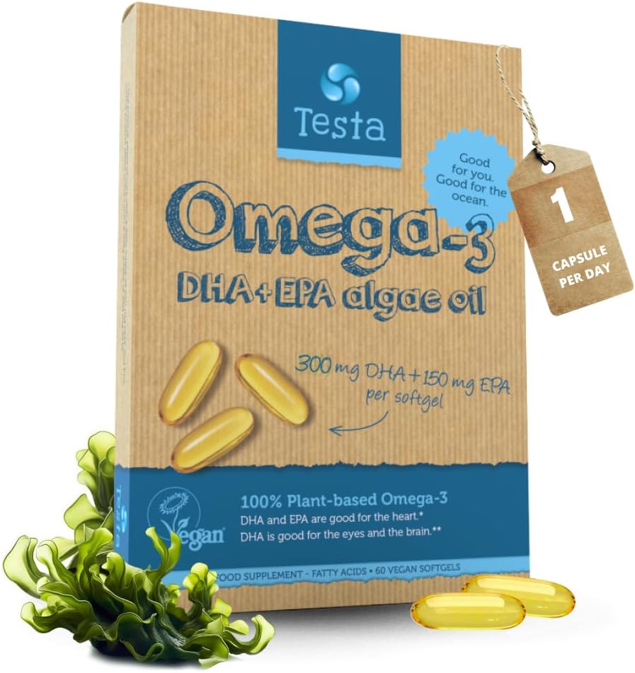 Testa Omega-3 Suplemento - Vegan Based Omega 3 DHA EPA Capsules de Algae - Omega 3 ácidos grasos - Apoya Corazón, Cerebro &amp; Salud Conjunta - Negativo plástico, RTG y Kosher - Dos meses de suministro
