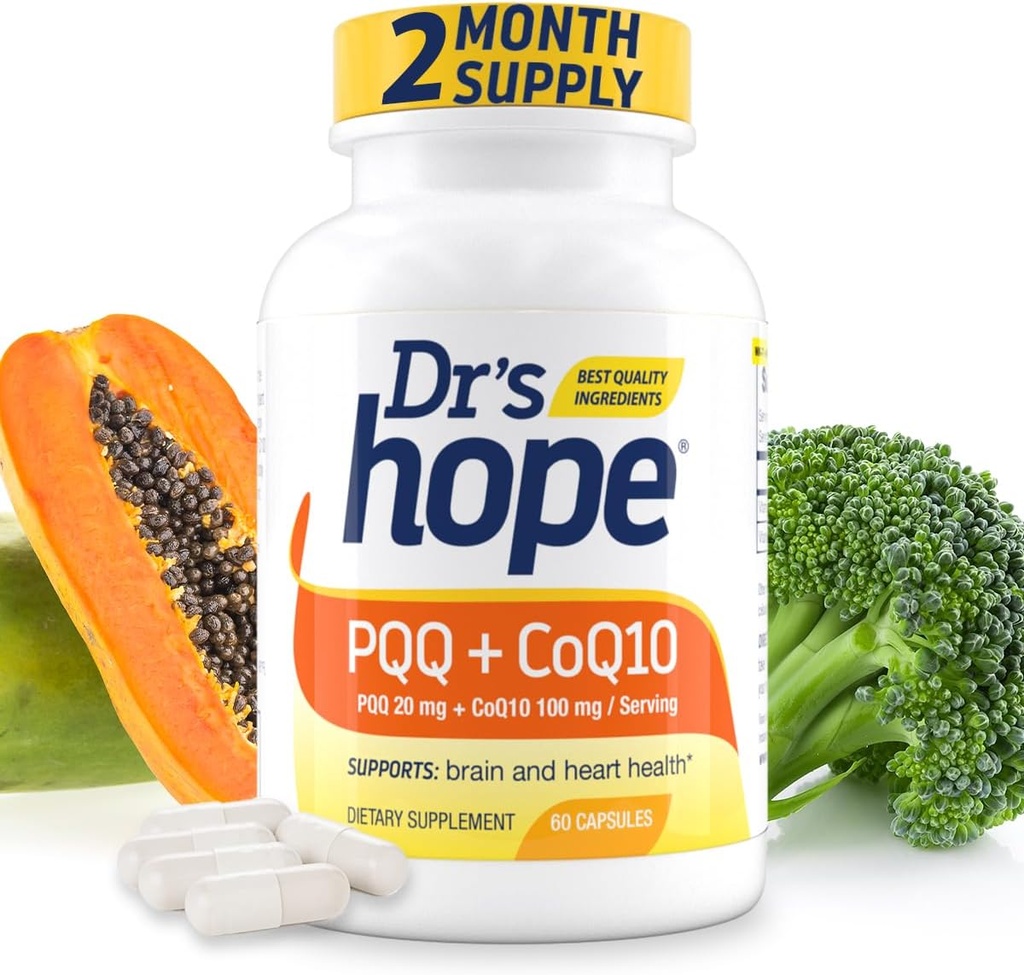 PQQ CoQ10 - PQQ 20mg Con CoQ10 100mg, suplemento PQQ con Coenzyme Q10 Suplemento Apoya la salud cerebral, 60 cápsulas vegetarianas - 1 cápsula por servicio