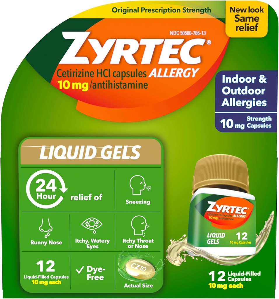 Zyrtec 24 horas Alivio de la alergia Pulmones líquidos, antihistamínicos cápsulas con Cetirizine HCl Alergía Medicina para Alivio de Todos los Días de Runny Nose, Sneezing, Itchy Eyes &amp; More, 12 Con