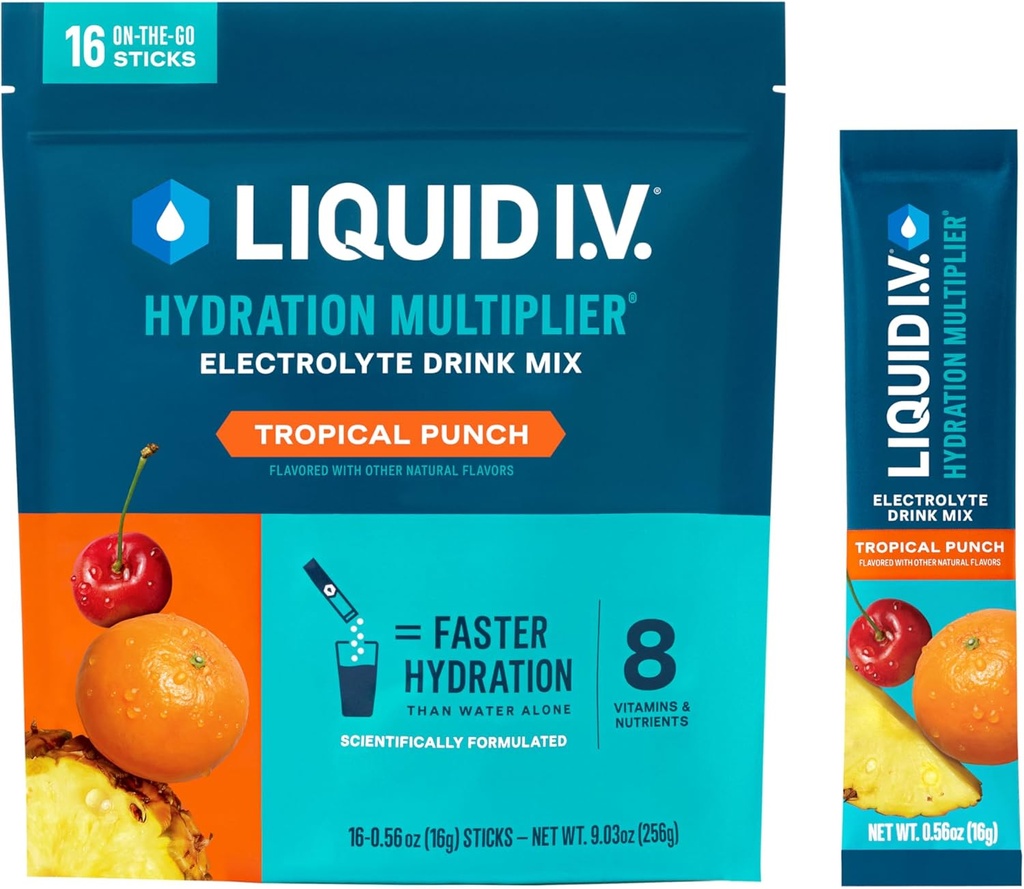 Liquid I.V.® Hydration Multiplier® - Tropical Punch - Hydration Powder Packets ← Electrolyte Powder Drink Mix ← Conveniente Single-Serving Sticks ← Non-GMO TEN 16 Servings (Pack of 12)