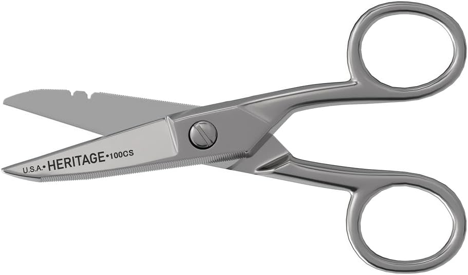 Klein Tools 100CS Tijeras de precisión para todo el cuerpo, fabricadas en EE.UU., 5,25 pulgadas de níquel, punta desplegada y muescas de destripamiento de alambre, multifunción para uso profesional y hogar