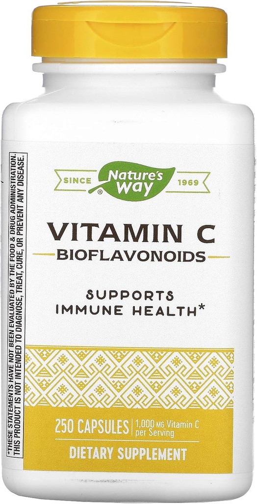 Vía de la Naturaleza Vitamina C con Bioflavonoides, Soporte Inmunitario*, Vitamina C de alta potencia por servicio de 2 cápsulas, promueve el colágeno*, 1.000 mg por 2 cápsulas, 250 cápsulas (paquete mayo Vary)