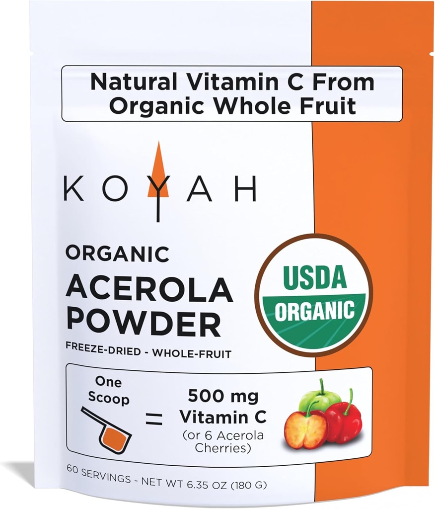 KOYAH - Pólvora de Acerola Orgánica: Congelada, 100% Pura, 500 mg Vitamina Natural C por Scoop, Whole-Food, Non-GMO, Vegan, 60 Servings, Made from acerola Cherries Grown in Brazil