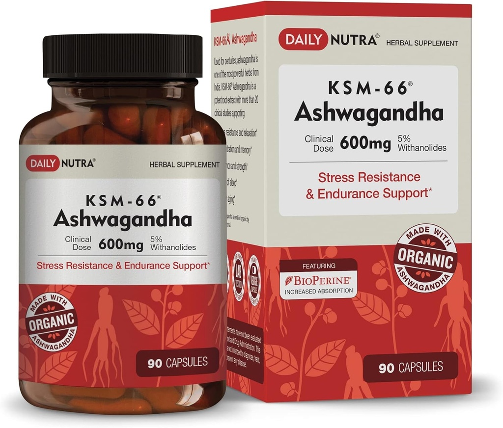 DailyNutra KSM-66 Ashwagandha 600mg Extracto Orgánico de raíces - Suplemento de alta potencia con 5% de Withanolides viv Alimenta la resistencia, apoya la relajación, el enfoque, la energía, " Crecimiento muscular (90 cápsulas)