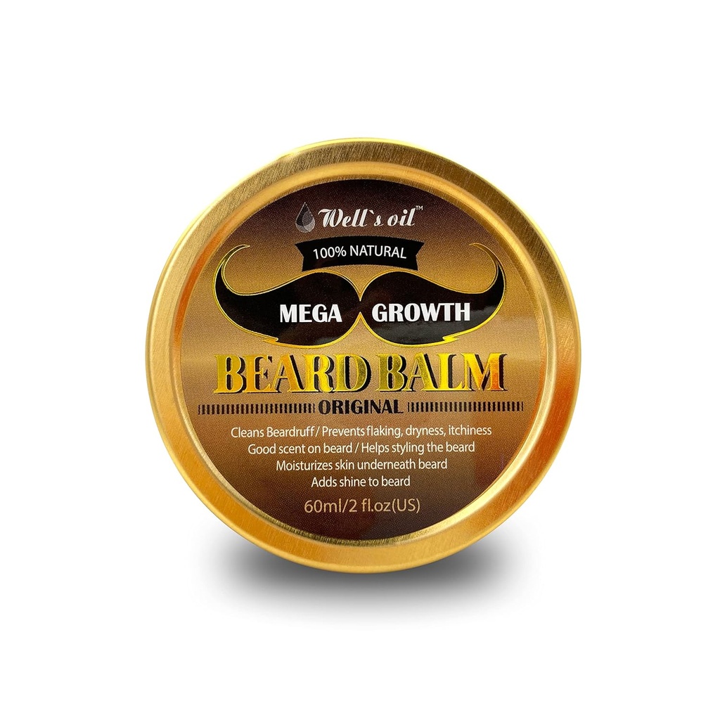 Well's MEGA GROWTH Beard Balm (Original Scent) | 2 fl.oz. | 100% Natural | Chemical-Free | For Men’s Beard Care | Taming, Styling & Softening