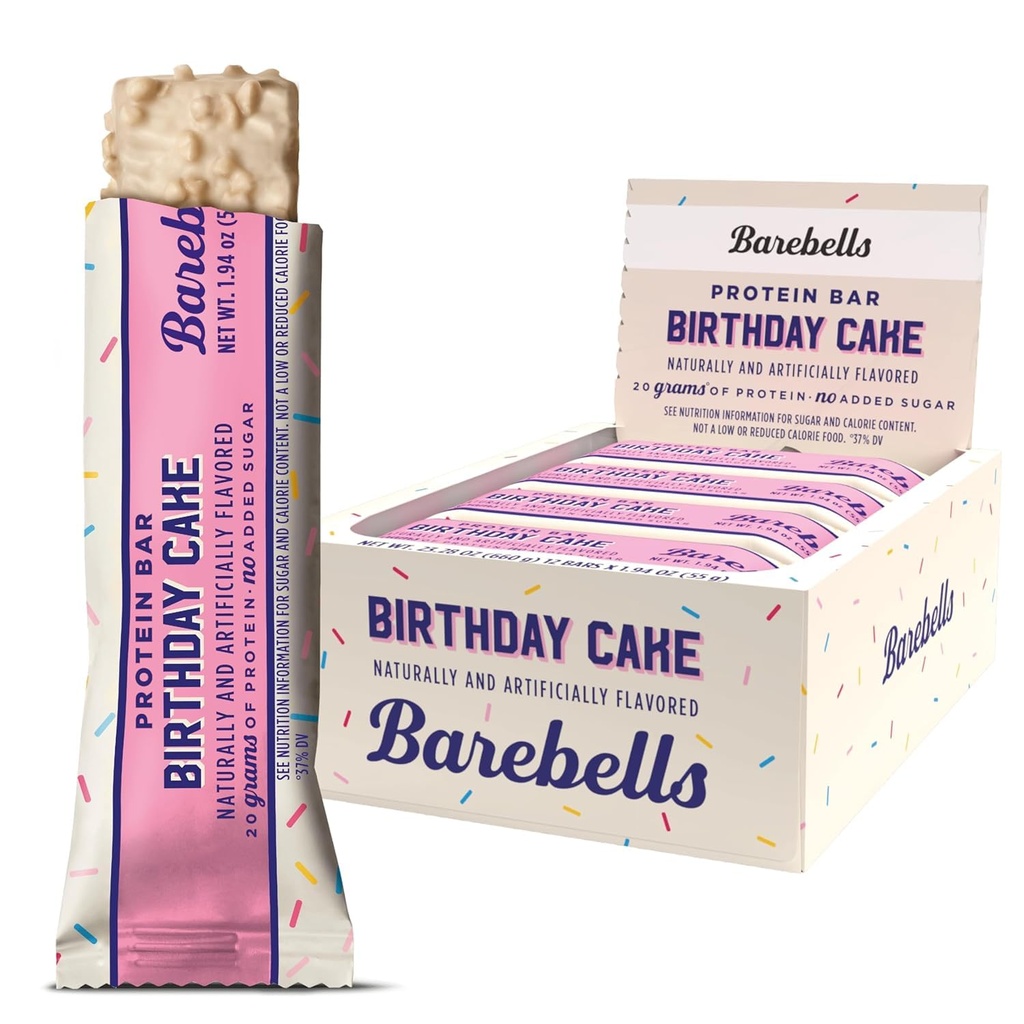 Barebells Protein Bares Pastel de cumpleaños - 12 Conde, 20g High Protein Treats - Chocolate Nutrition Bar con 1g Total Azúcares - On-The-Go Breakfast o Post-Workout Snack