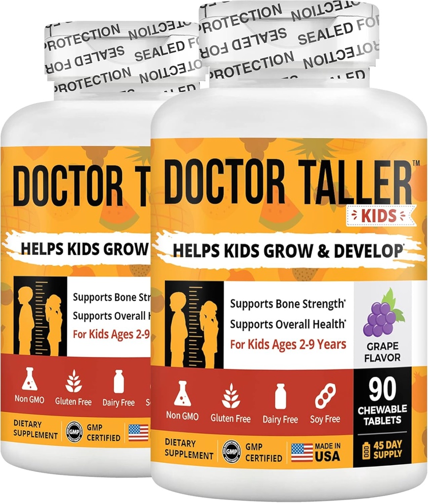 NuBest Doctor Taller Kids - Multivitamínicos para niños, Vitaminas Toddler - Soporte Fortaleza ósea, Inmunidad mejorada con calcio, Multivitamínicos para edades de 2 a 9 - Sabor de uva - 90 Tabletas Chewable  Pack 2