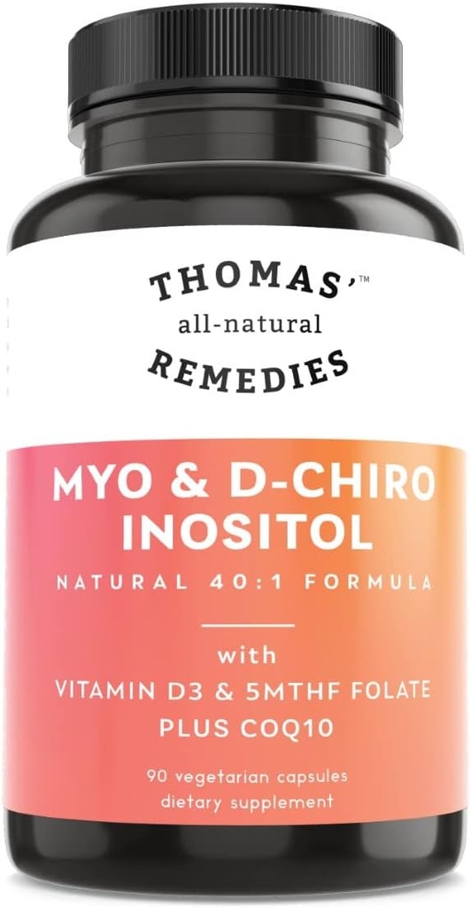 Remedios totalmente naturales de Thomas Myo Inositol Suplemento " D-Chiro Inositol Blend Suplemento con Folato y Vitamina D3, 40 a 1 Ratio, No GMO, No Fillers, CoQ10, 90 cápsulas Vegan