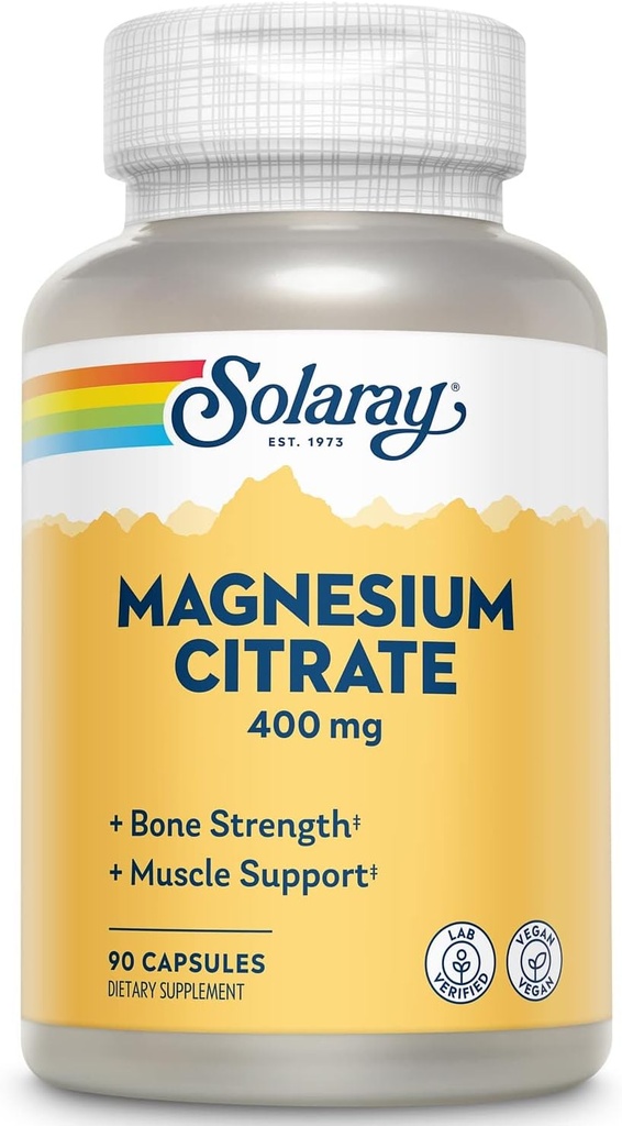 Citrato de Magnesio Solaray - Cifras de Citrato de Magnesio Puro, Suplemento de Calma, Salud de Hueso, Energía Celular, Corazón &amp; Muscle Support, 400mg Por Serving - 90 cápsulas Vegan (Pack de 2)