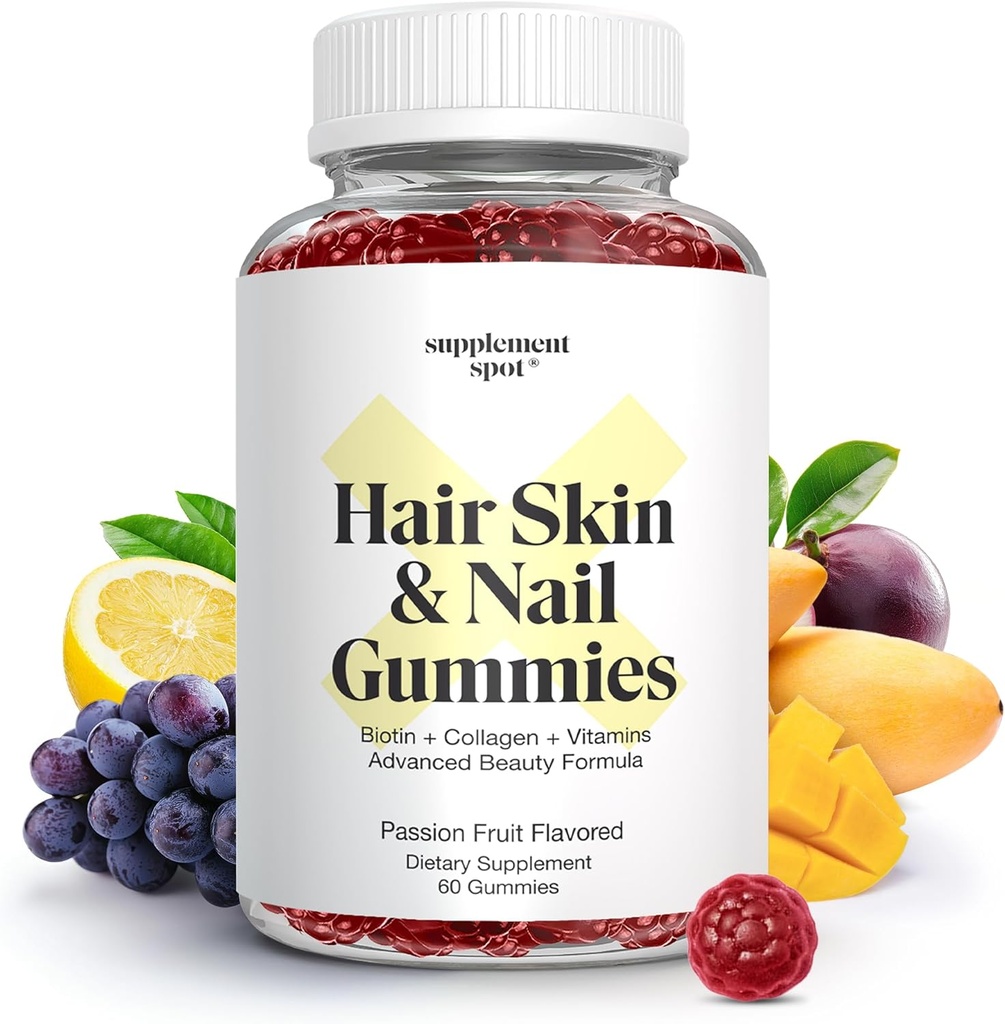 Piel de pelo y uñas Vitaminas, 6000 mcg Biotina Gummies w / Colágeno, Pasión Frutas Frutas Vitaminas de pelo sabor, Gluten Suplementos de colágeno gratis (60 Conde)