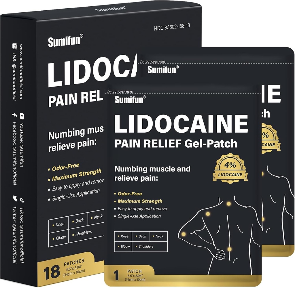 Sumifun 4% Lidocaine Patches, 18 Count Long Lasting Plaster Patch for Knee, Shoulder, Muscle, Joints with Natural Ingredients, Extended Patch with Lidocaine FSA or HSA Eligible