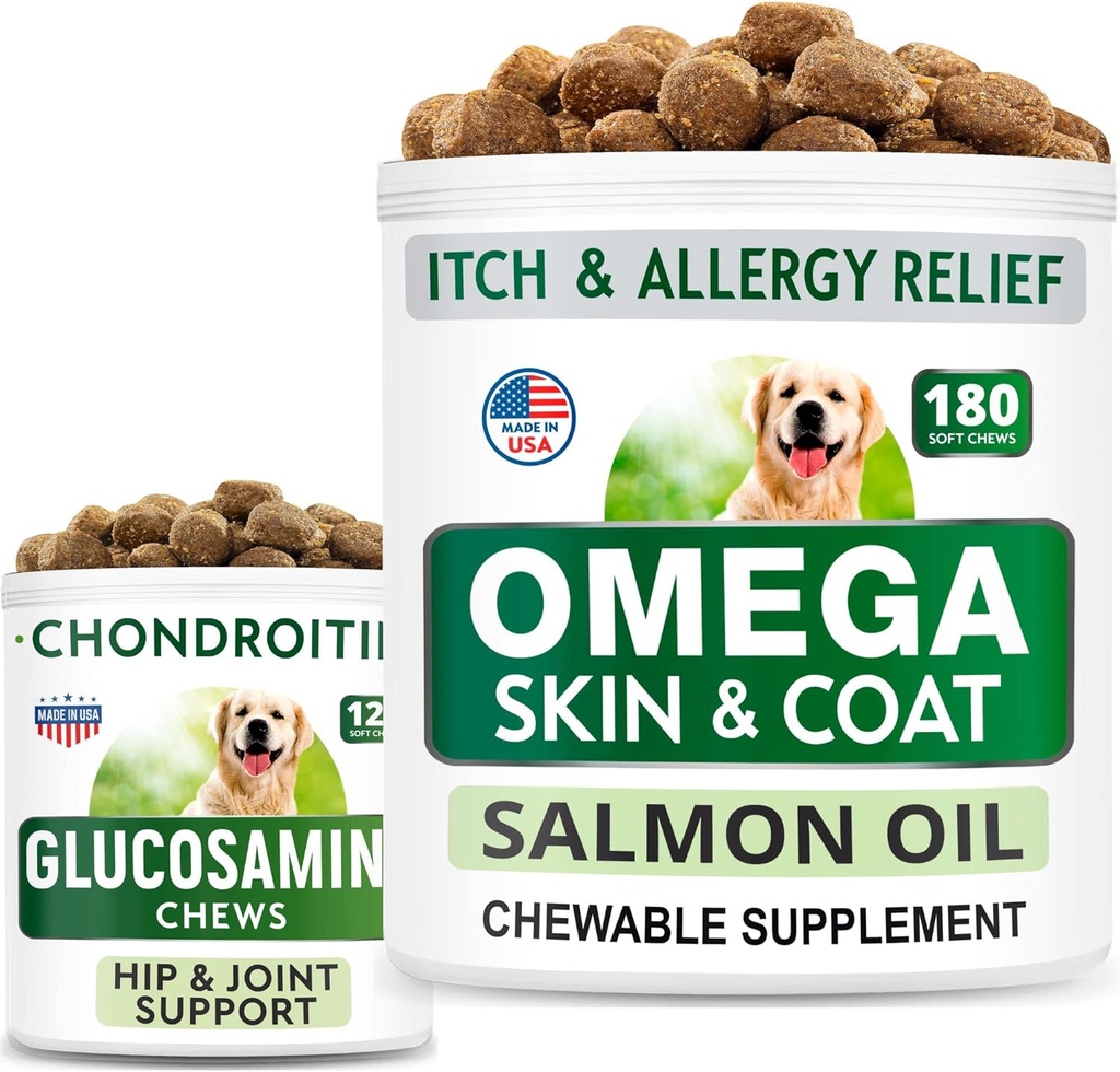 BARK plagas de perros Glucosamina + Omega 3 para perros Bundle - Hip Support and Joint Pain Relief Suplemento + Píldoras de aceite de pescado para ropa de cama, alergia a la piel, alivio de Itch, piel y suplemento de la carne