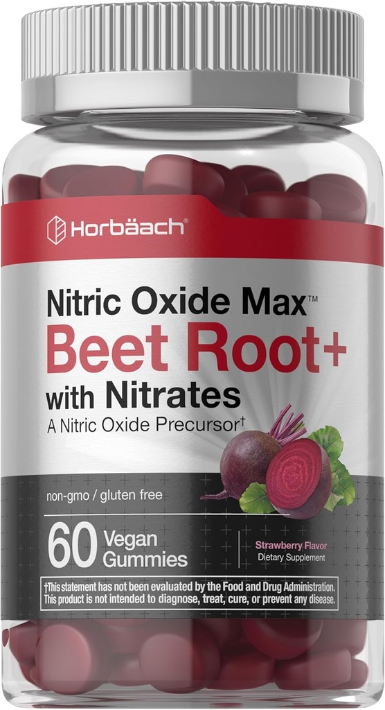 Horbäach Nitric Oxide Beet Root Gummies ← 60 Conteo Silencio con Nitrates Silencio Strawberry Flavor ← Vegan, No GMO, Gluten Free Supplement