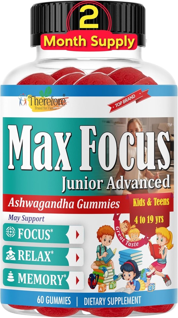 Max Focus Junior – Kids Focus &amp; Calm Gummies ← Calming &amp; Atención Complemento de Atención para Niños &amp; Adolescentes con Ashwagandha ← Brain Vitamins ← Vegan, Non-GMO, 60 Gummies