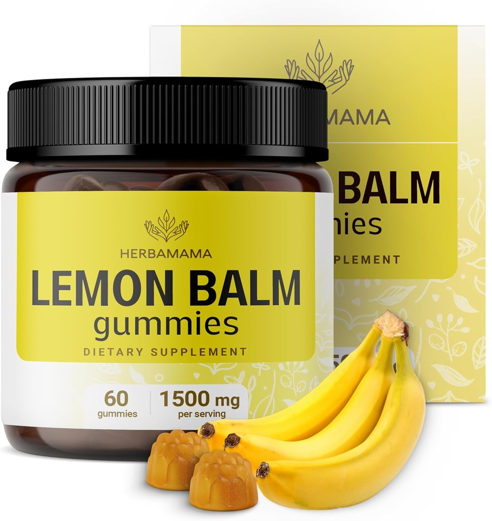 HERBAMAMA Lemon Balm Calming Gummies - 1500mg Lemon Balm Leaf for Relaxation - Vegan Non-GMO Melissa Officinalis Suplemento - 60 Pectin-Based Banana-Flavored Chews
