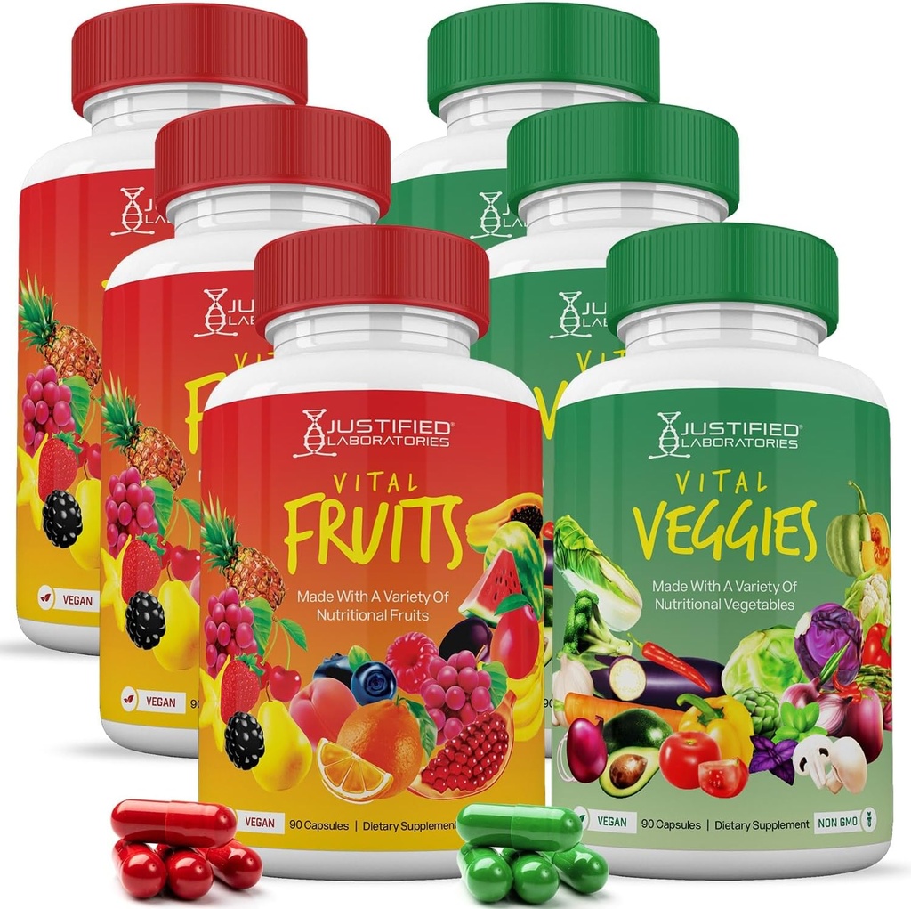 Laboratorios Justificados (6 Pack Vital Fruits and Veggies Suplemento Whole Food Red &amp; Green Superfoods Non GMO Vegan Friendly 540 Veggie Capsules 6 Botellas