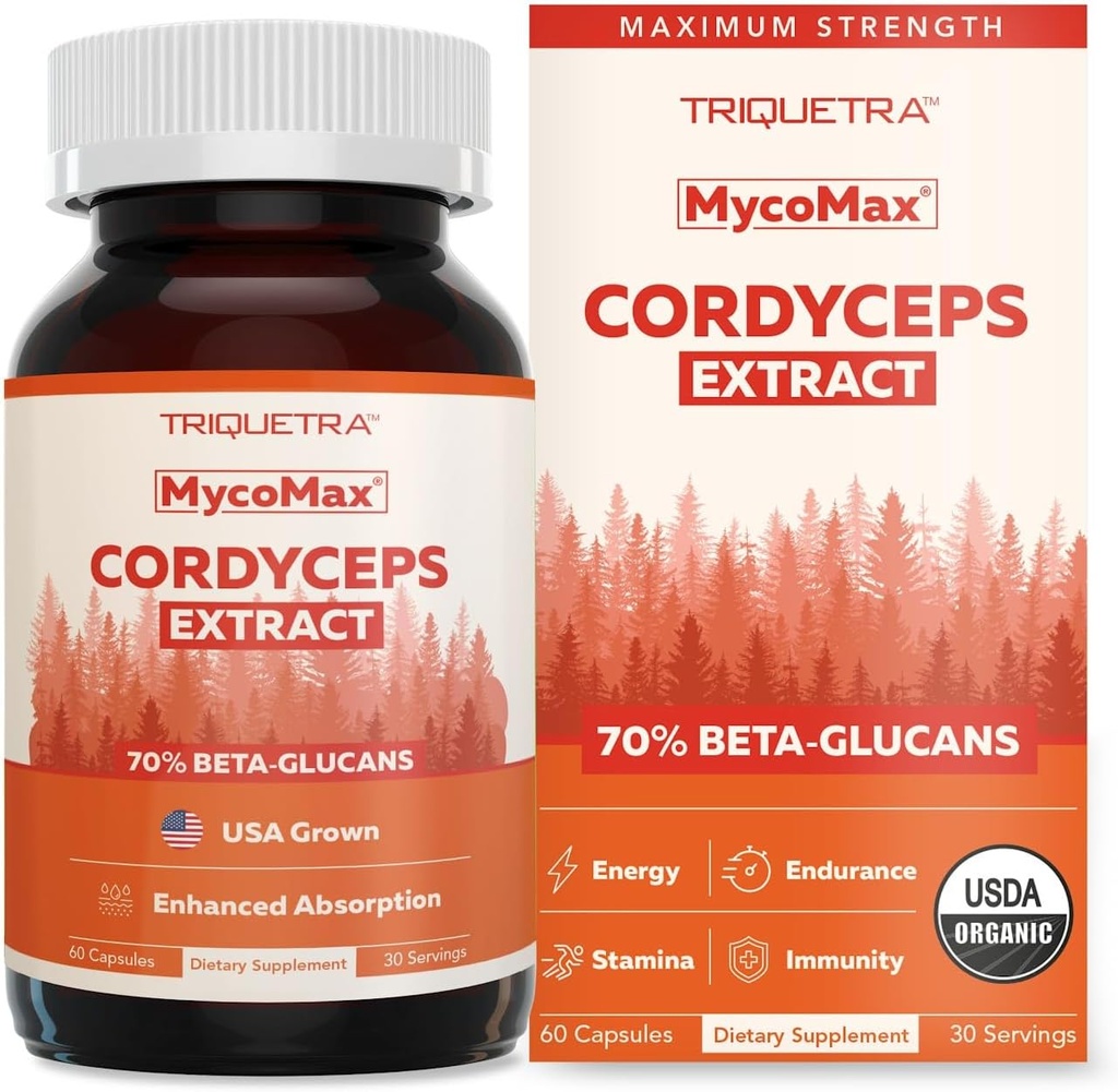 Orgánica Cordyceps Mushroom Extract - 70% Beta Glucans - Altos niveles activos de nutrientes, Max Potency Cordyceps Capsules, US Grown + Extracción Ultrasónica - Performance, Inmunity & Energy - 60 cápsulas