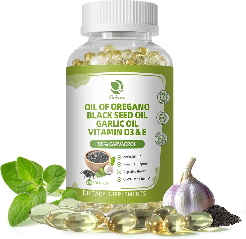 Lukaree Oregano Oil Capsules with Black Seed Oil, Garlic Oil, Vitamin D3 E, 99% High Concentrated Carvacrol - Antioxidant, Immune & Digestive Support*, 120 Softgels Caps, 60 Day Supply, Non GMO | GMP