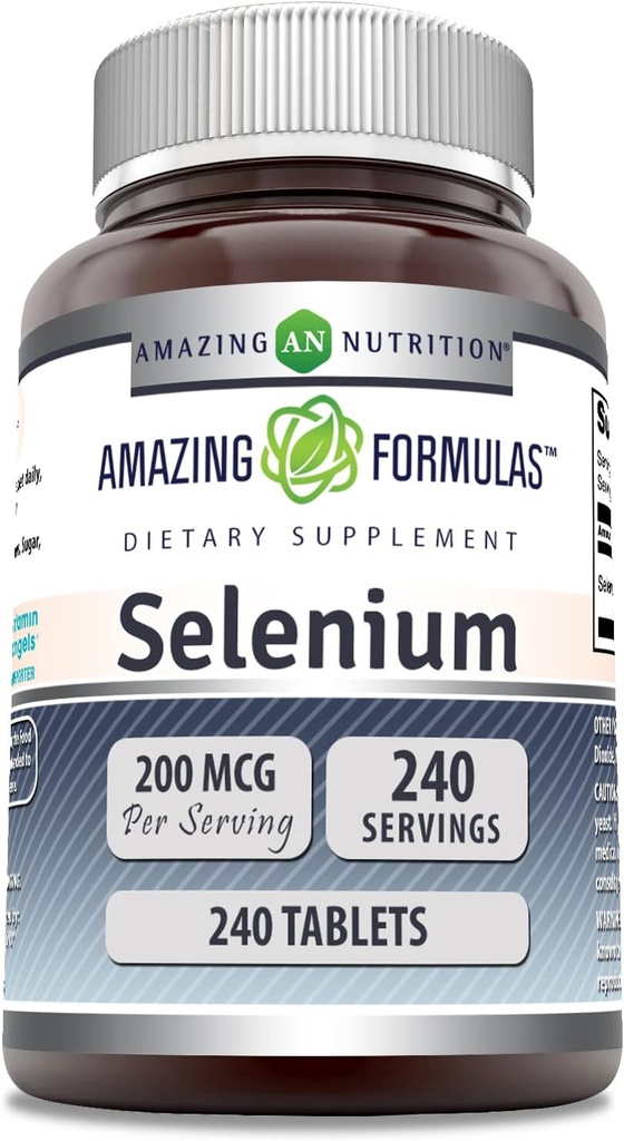 Fórmulas asombrosas Selenium 200 Mcg Silenciosos Tablets Suplemento No-GMO Silencioso libre de gluten Made in USA (1 Pack ← 240 Count)