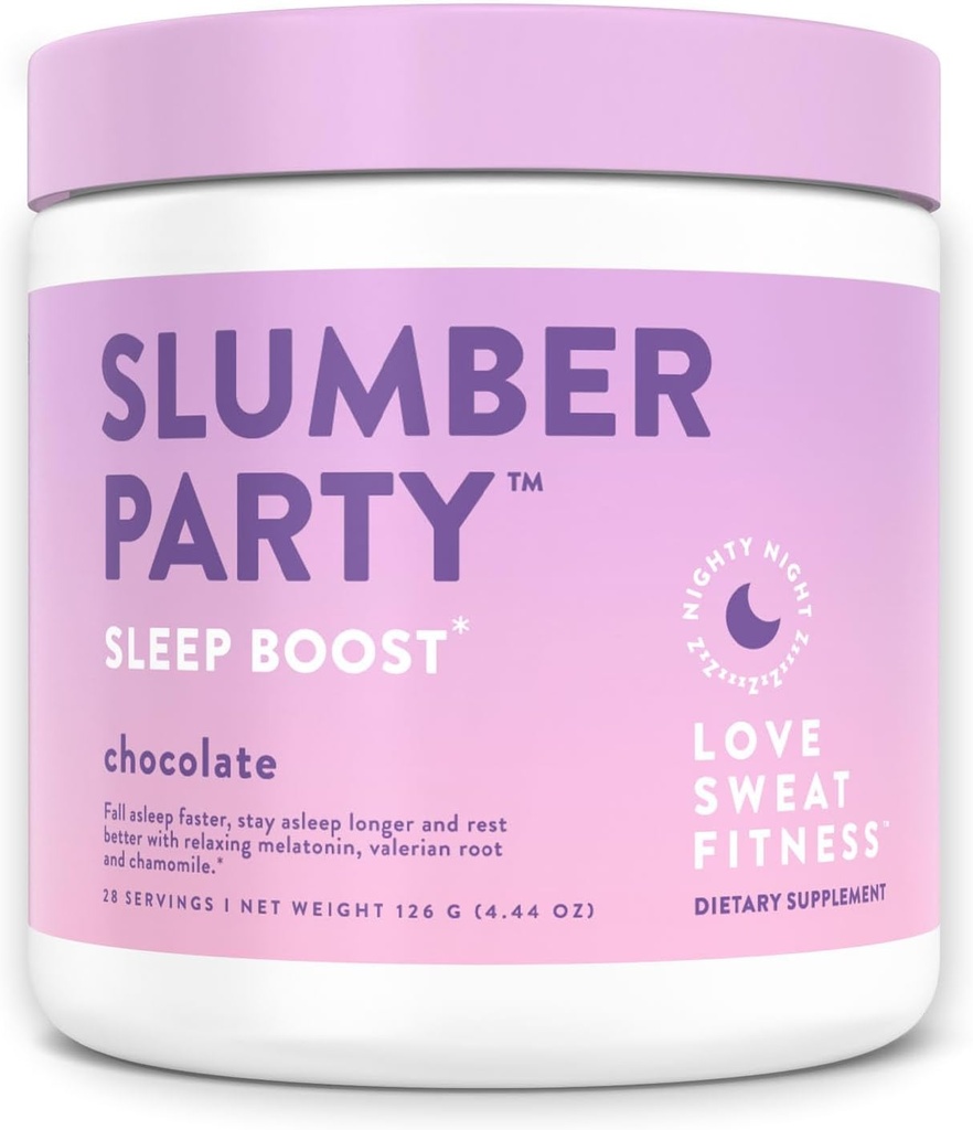 Love Sweat Fitness Sleep Boost Powder  Slumber Party Chocolate ← Mejora el sueño, soporta la recuperación muscular ← Vegan, Gluten Free, Non-GMO ← 28 Servimientos