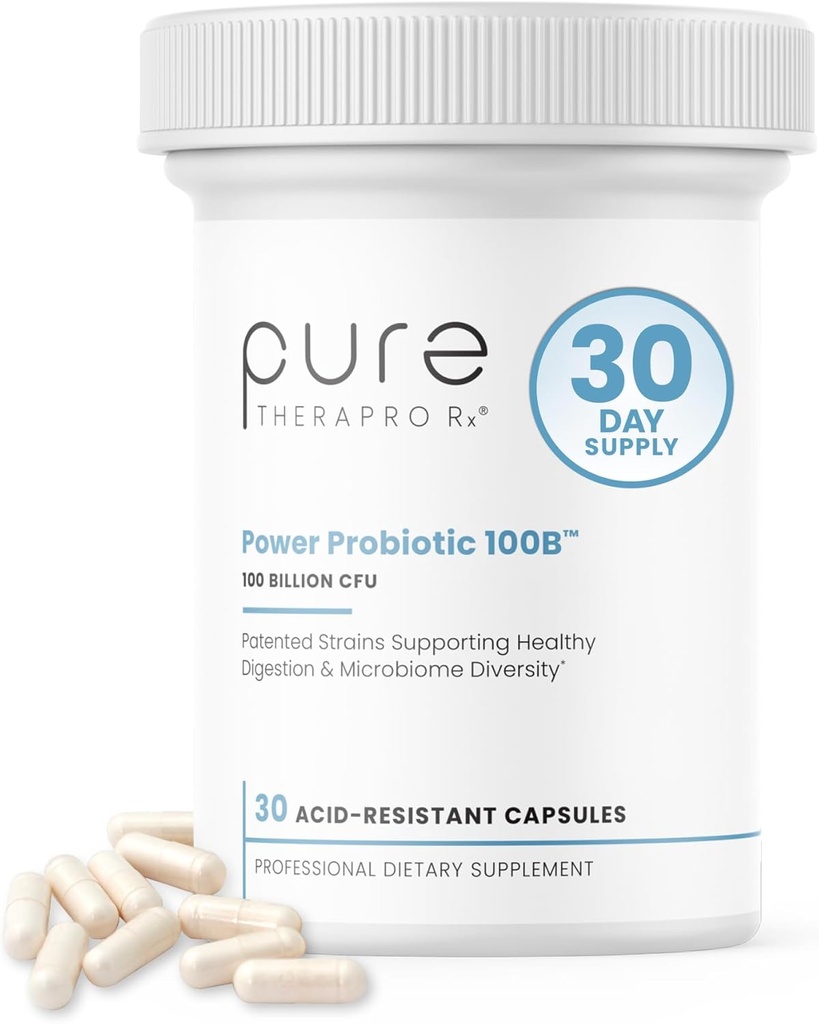 Pure Therapro Rx Power Probiotic 100B ← 30 Acid Resistant Capsules - 1 Mes de Suministro Silencio 4 Provens Strains 100 Billion CFU ← Flora Balance " Digestion TEN NO Refrigeration required TEN Non-GMO ← Zero Fillers