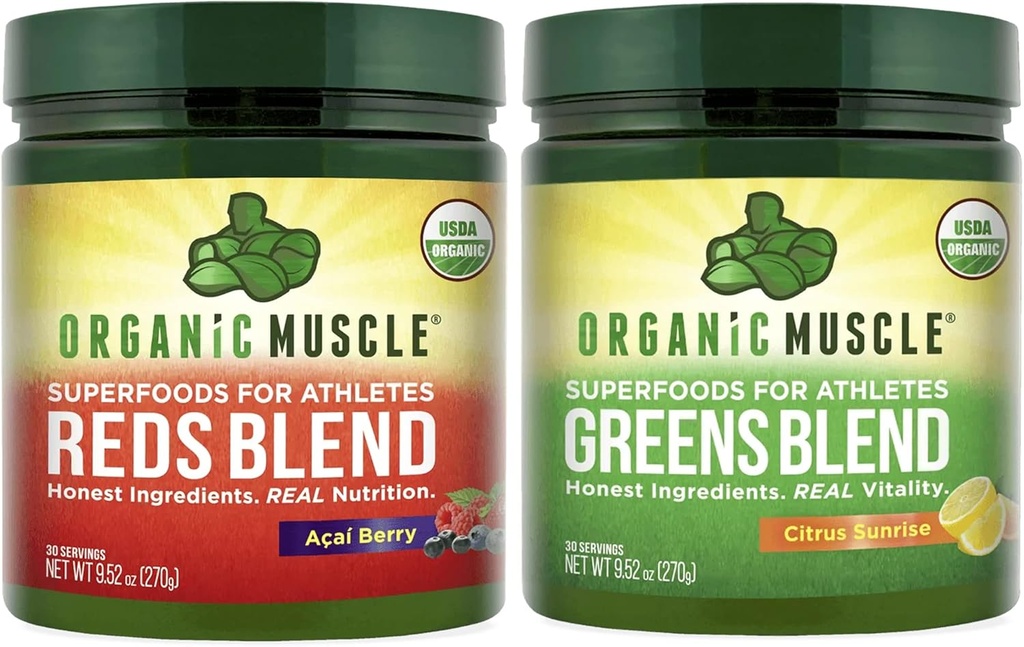 Muscle Ecológico Verdes y Rojos Polvo Superalimentario - USDA Organic & Plant Based Red Juice & Green Juice Powder Bundle for Energy, Focus, Digestion & Immune System - Non GMO 30 Servimientos