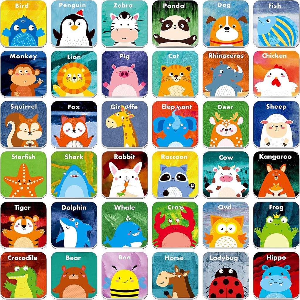 Hebayy 36 Pareja Animales que coinciden Juego Caricaturas Flash Erasable(72 PCs, Cada medida 2” X 2”)