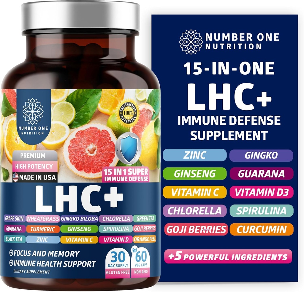 N1N LHC+ 15-in-1 Immune Support Suplemento con Spirulina, Turmeric, Ginseng, Guarana, Vitamina D y Vitamina C para Inmunidad, Energía y Alivio de Long-Haul, 60 Veg Caps, Bottle Color Mayo Vary