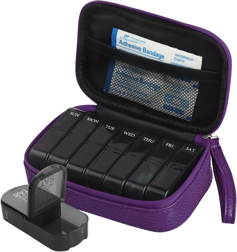 Weekly PU Leather Pill Bag Organizer Case 2 Times a Day, AM PM Daily Pill Box to Hold Vitamin, Fish Oil, Supplements and Medicine (Purple)
