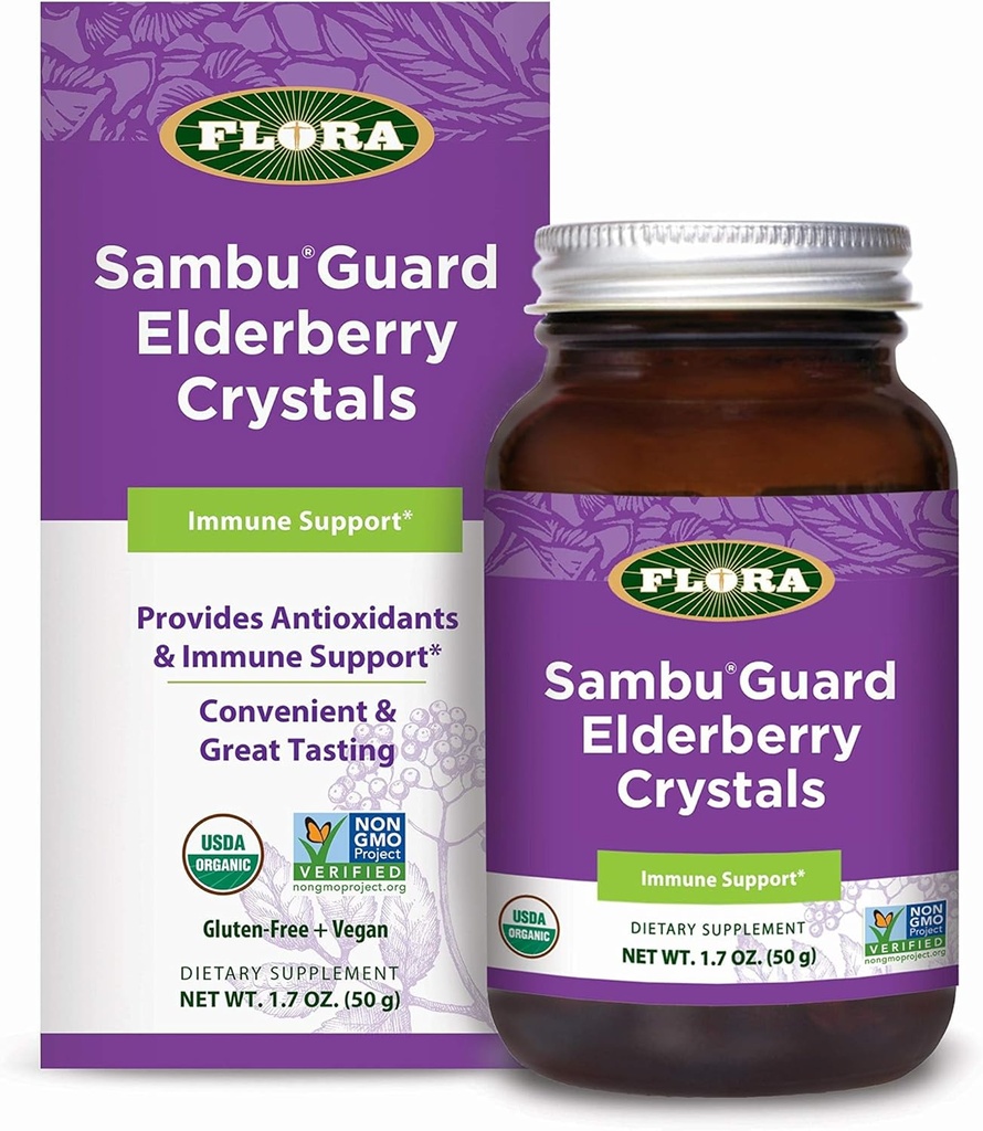 Flora - SambuGuard Elderberry Crystals, proporciona soporte para inmunidades de antioxidantes, fortalece la inmunidad, cuerpo desintoxicante, energía de boosto, 1,7-oz. Polvo