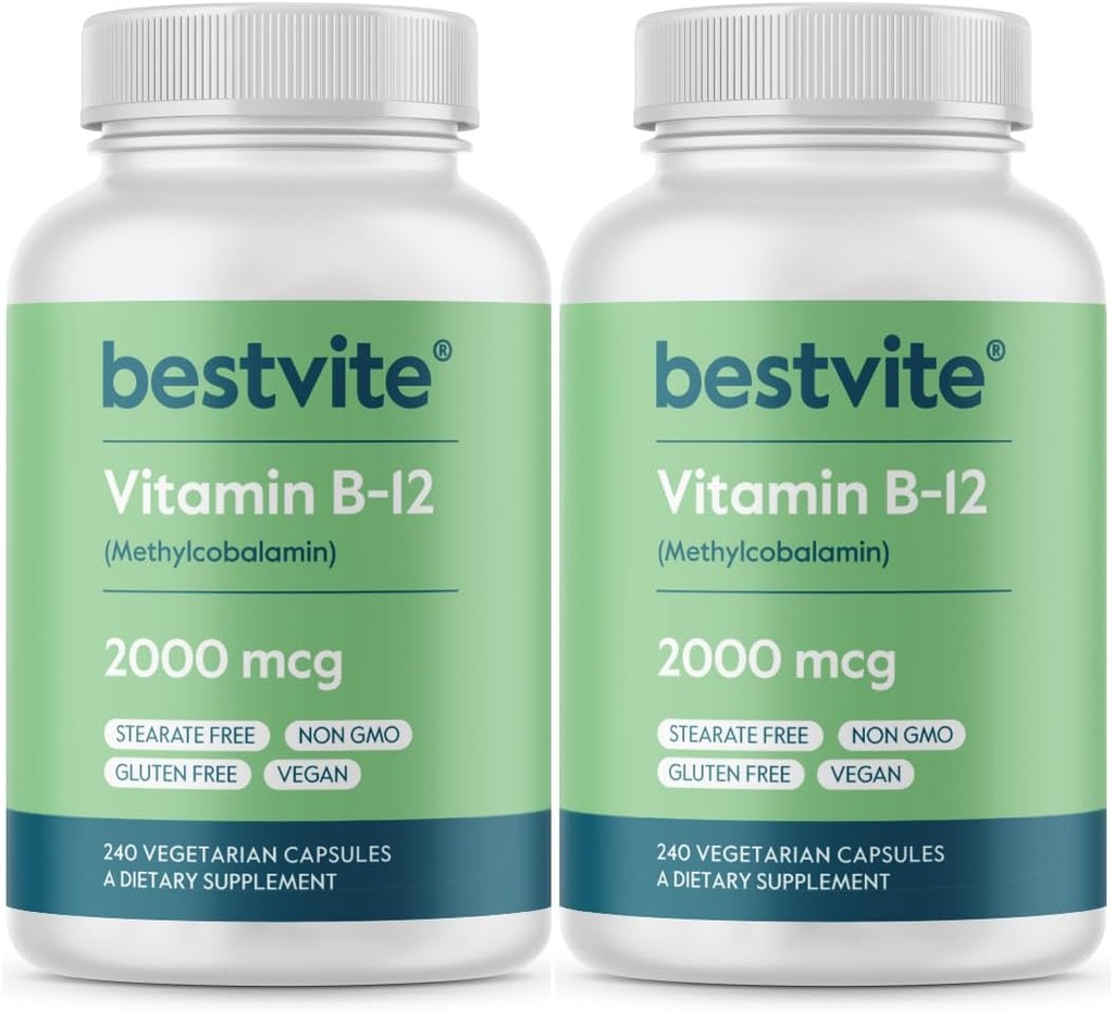 BestVITE Vitamina B12 (Metilcobalamina) 2000mcg (480 cápsulas vegetarianas)(2 x 240) (Metil B12) - No Stearates - Vegan - No GMO - Gluten Free