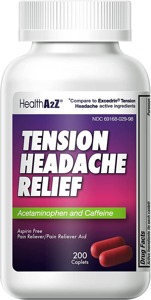 HealthA2Z® Tension Headache Relief ← Acetaminophen 500mg ← Caffeine 65mg ← Pain Reliever Aid ← Aspirin Free (200 caplets)